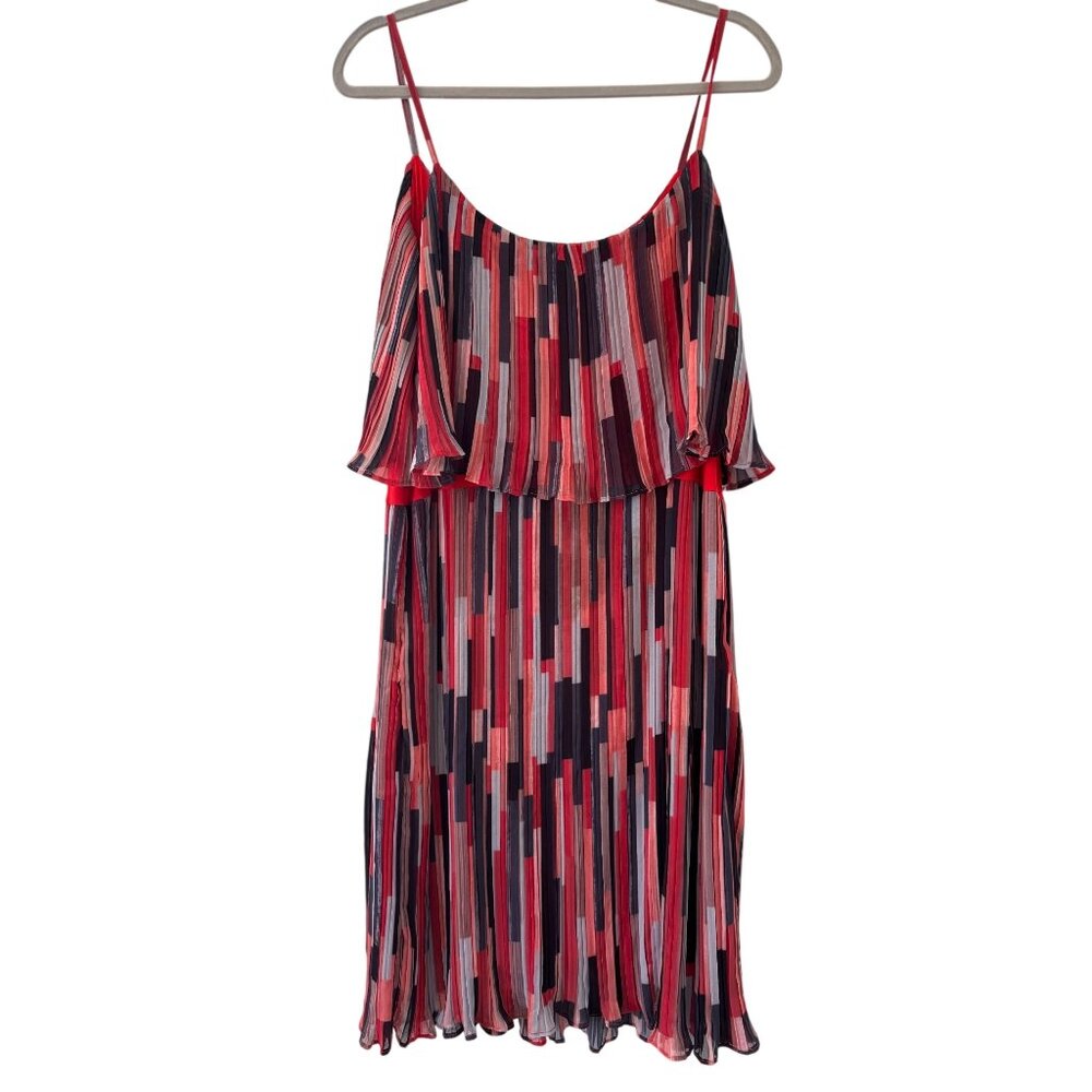Vintage Spanner Sleeveless Pleated Midi Dress Ruffle Trim & Abstract Stripes